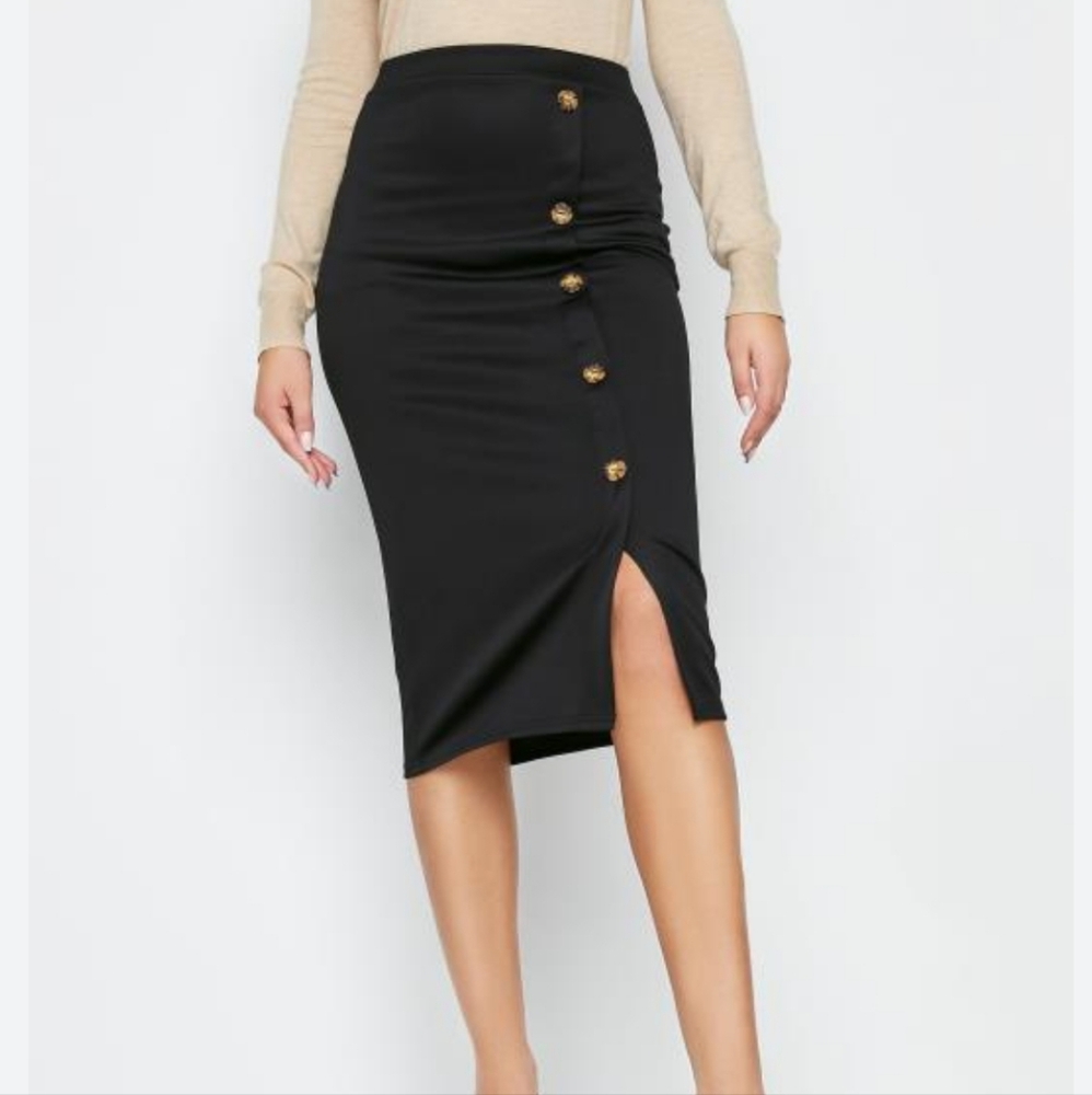 Revamped Black Faux Suede Stretchy Midi Skirt